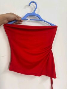 Chic Red Strapless Top with Drawstring Detail