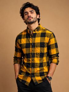 H&M Men's Yellow & Black Checkered Shirt