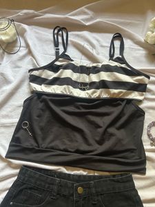 striped cami top,black shorts &amp; jewelry