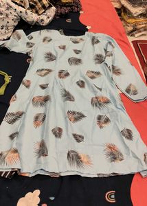 Light Blue Printed Mid-Length Kurti