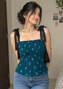 combo offer (3 tops)Teal Smocked Floral Tie-Strap