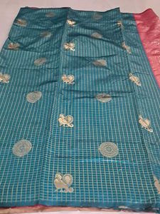 Teal Green Silk Saree with Pink Border