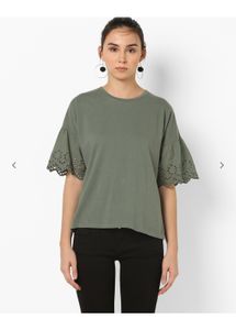 Olive Green Eyelet Sleeve T-Shirt