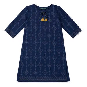 Navy Blue Printed Kurta with Tassels