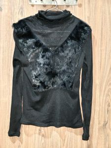 Chic Black Faux Fur Trimmed Top
