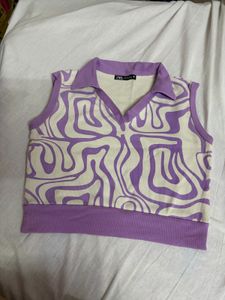 ZARA Purple &amp; Cream Abstract Print Sleeveless Top