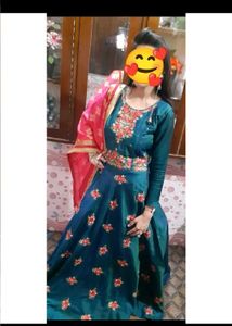 Embroidered Teal Long Gown