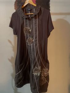 Brown Grunge Y2K Dress with Ruffle Collar