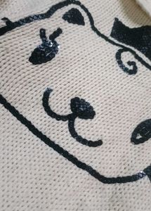 Cream Knit Sweater with Cute Cat Design