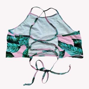 Pink Leaf Print Bikini Top