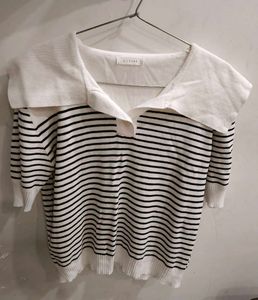 Korean style Striped Knit Top with Sailor Collar