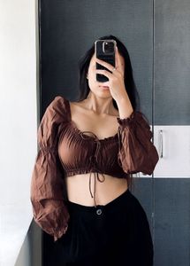 Brown Tie Front Crop Top