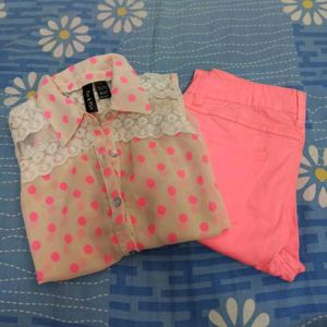 Cute Polka Dot Shirt & Pink Jeans Set