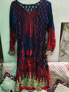 Elegant Navy Blue &amp; Red Printed Kurta Suit