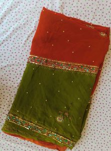Elegant Red &amp; Green Embellished Saree