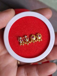 Gold  Jhumka Earrings with Red Stones