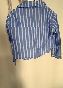 Blue &amp; White Striped Cropped Shirt