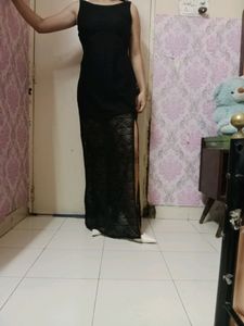 Black Sleeveless Net Long Dress