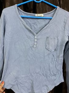 Blue Ribbed Long Sleeve V-Neck Top