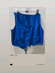 Vibrant Blue Sleeveless Button-Up Blouse