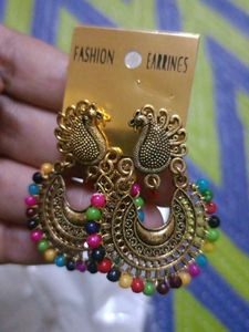 Boho Peacock Jhumka Earrings with Colorful Beads