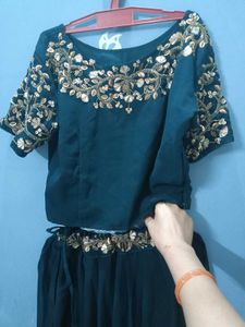 Embroidered Teal Blue top skirt set