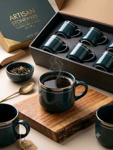 Teal & Gold Artisan Stoneware Mugs - Set of 6