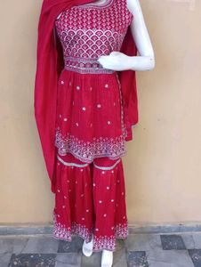 Red Embroidered Kurta Sharara Set