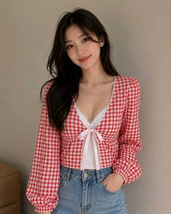 savana Red Gingham Puff Sleeve Top with Bow