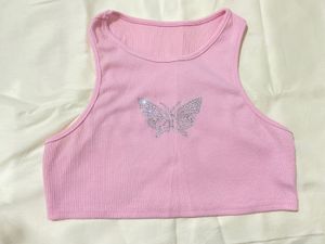 Pink Ribbed Crop Top with Rhinestone Butterfly