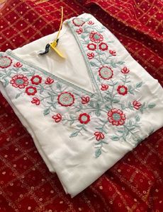 Embroidered White Kurta with Red Dupatta