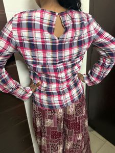 Embroidered Plaid Long Sleeve Top