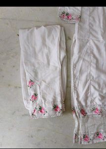 White Kurta Set with Pink Floral Embroidery