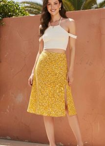 Yellow Floral Midi Skirt with Slit