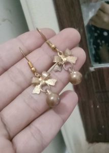 Gold Bow &amp; Pearl Drop Earrings