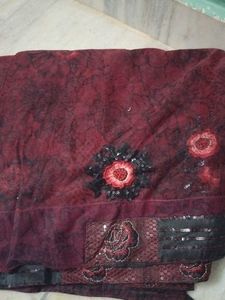 Net maroon saree with desiner blouse and peticoat
