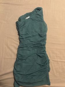 ZARA Teal Ruched One-Shoulder Mini Dress