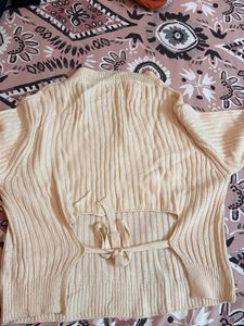 Cream Ribbed V-Neck Sweater
