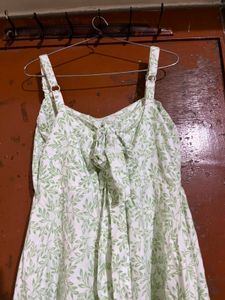 White Green Leaf Print Sundress