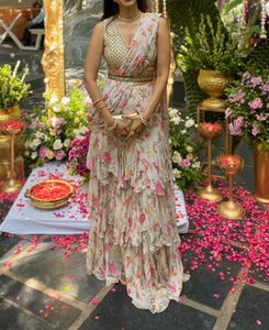 Floral Ruffle Pre Draped Saree