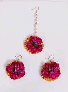 Pink Flower Jewellery - Earring & Mangtika Set