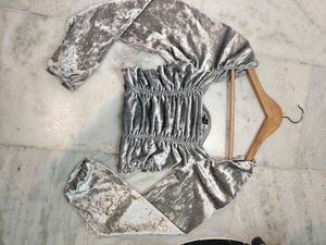 H&amp;M Silver Velvet Ruched Top