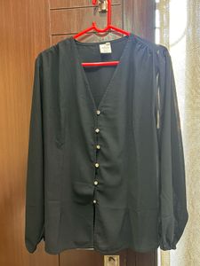 Elegant Black Button-Up Blouse with Sheer Sleeves