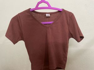 Brown Ribbed V-Neck Crop Top