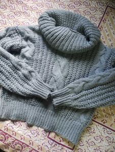Cozy Grey Cable Knit Turtleneck Sweater
