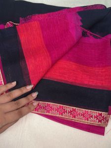 Chic Black &amp; Pink Striped Saree