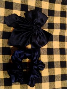 Navy Satin Hair Bow &amp; Scrunchie Set