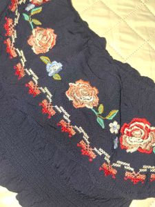 Navy Embroidered Off-the-Shoulder Crop Top