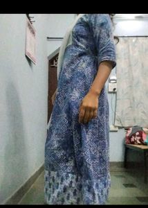 blue white cotton anarkali printed frock legi