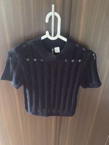 Black Cropped Mesh Knit Top